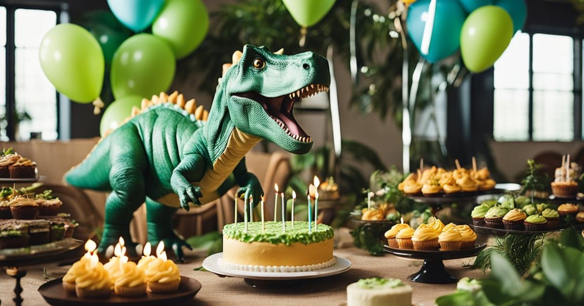 dinosaur birthday party ideas t rex tyrannosaurus rex cake buffet food