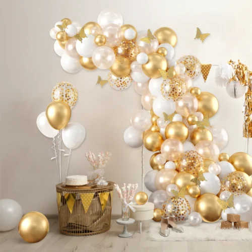 gold and white birthday decor