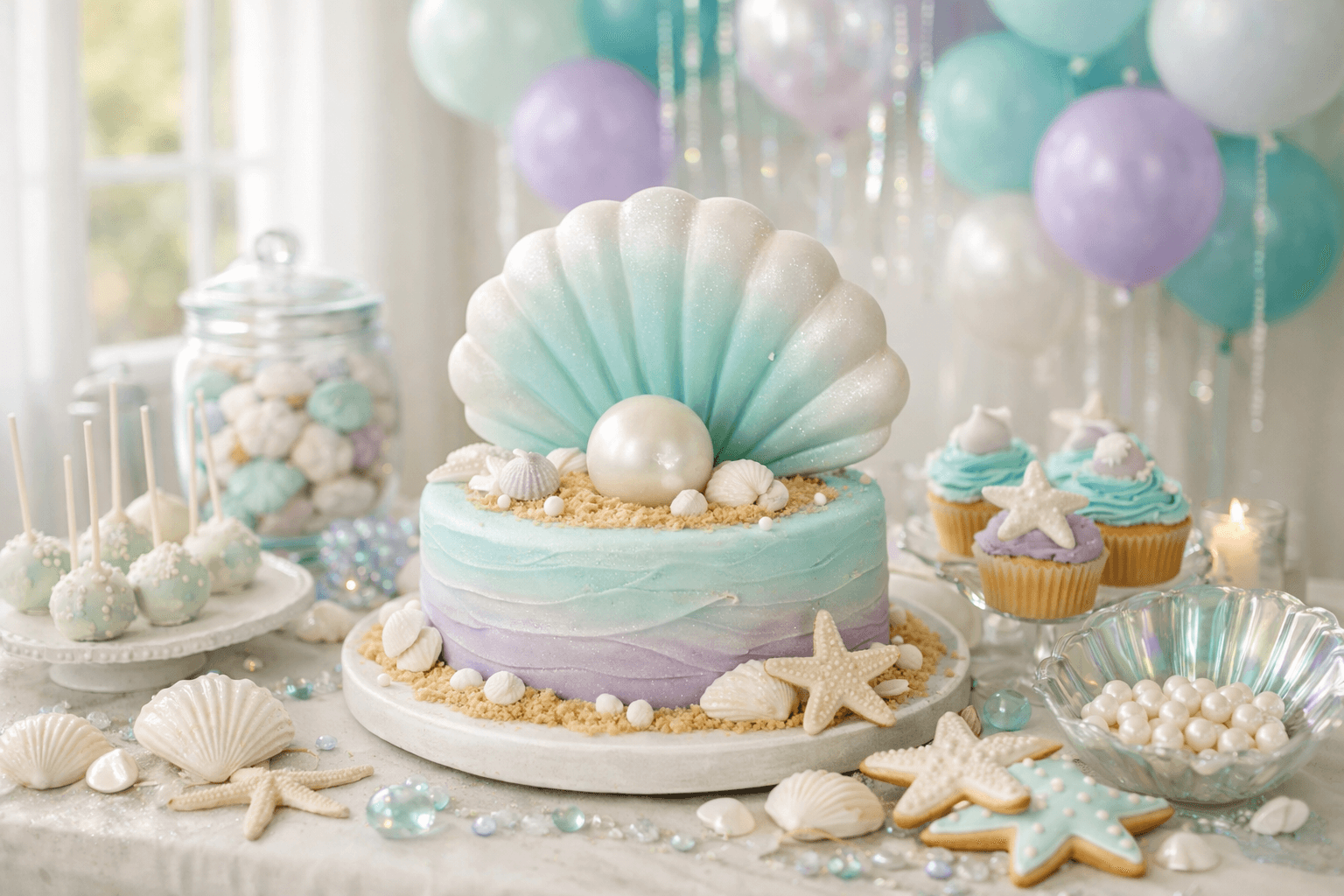 mermaid birthday party ideas with ocean themed decorations, shell cake and balloons