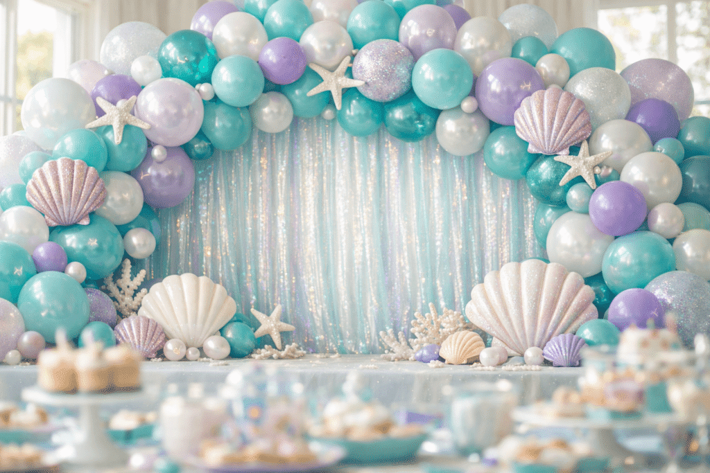mermaid birthday decorations with ocean color balloon garland and shimmer backdrop