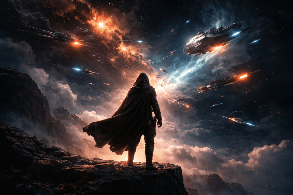 Star Wars Birthday Quotes: 20 Epic Quotes to Celebrate Like a Jedi 2 cloaked space warrior overlooking dramatic galaxy battlefield