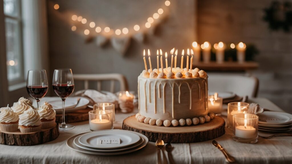 Cozy warm February birthday party setup