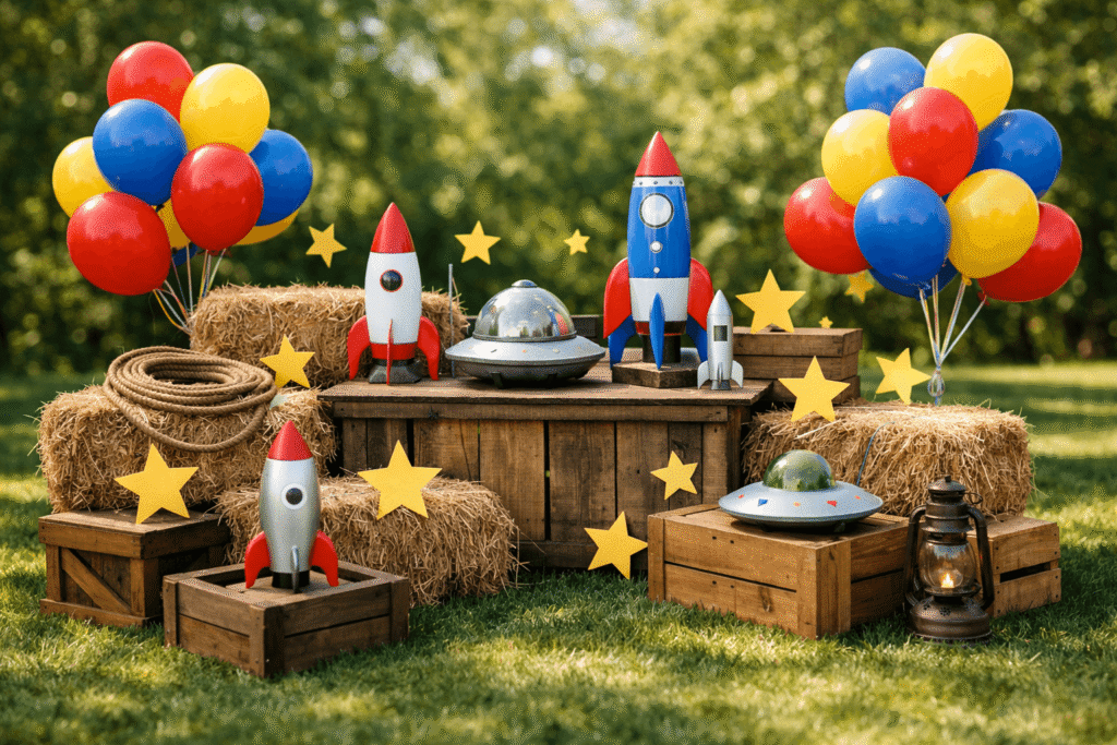 outdoor cowboy themed birthday table with hats and colorful decorations