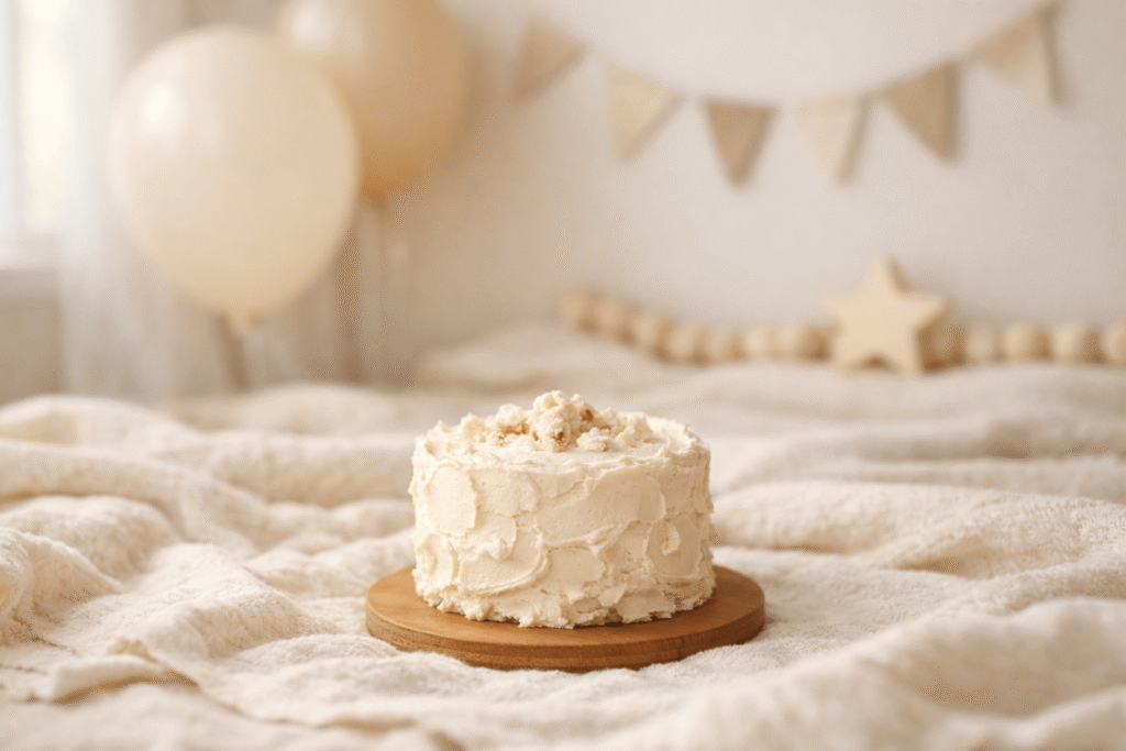 10 Creative Smash Cake Ideas for 1st Birthday Celebration 14 baby first birthday smash cake photoshoot setup with neutral decor