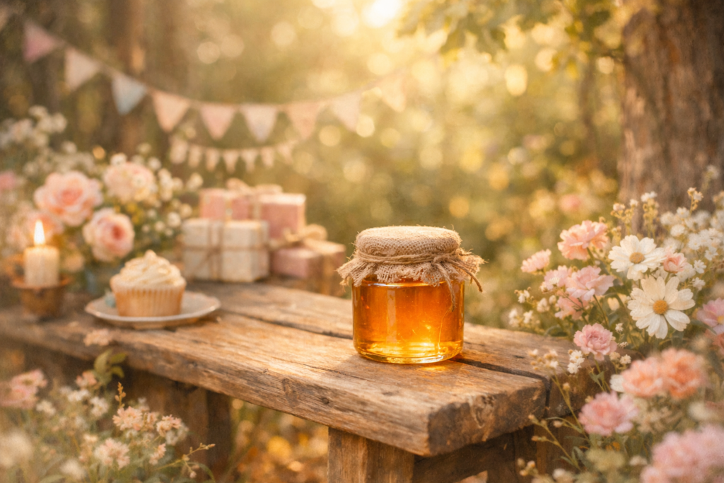 honey birthday setting in the woods