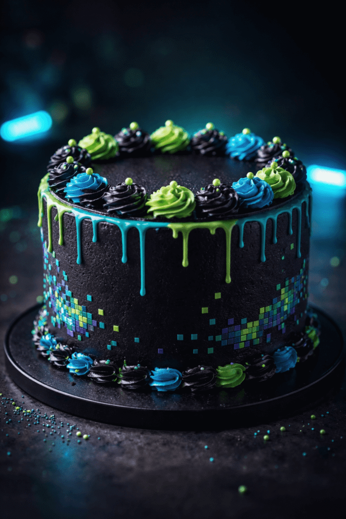 black and neon gamer birthday cake with glowing details