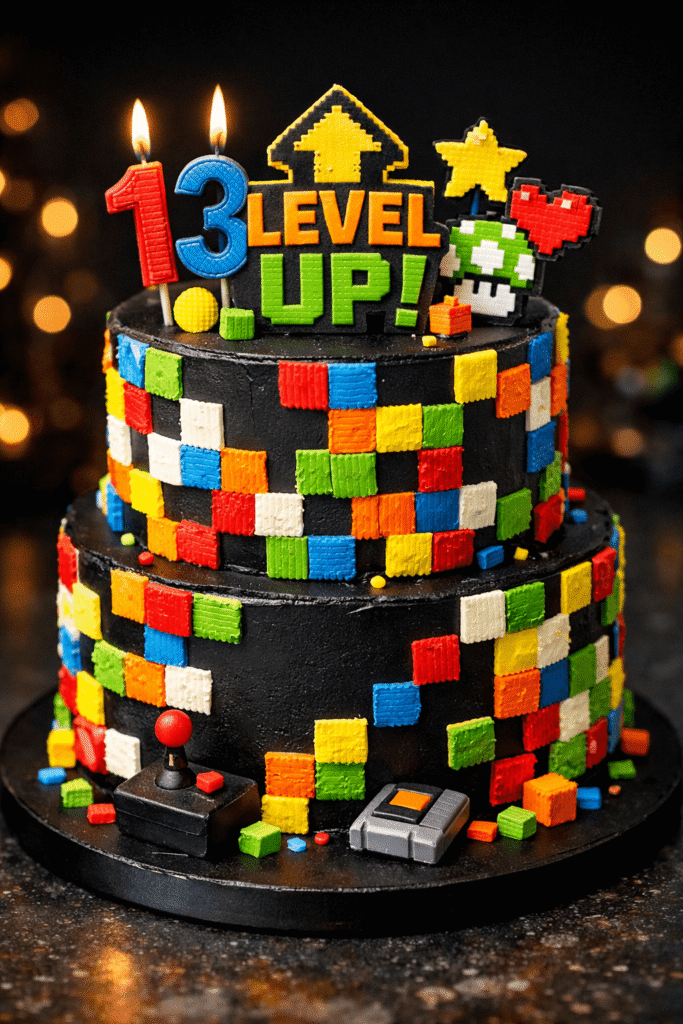 pixel style gamer birthday cake with colorful block design