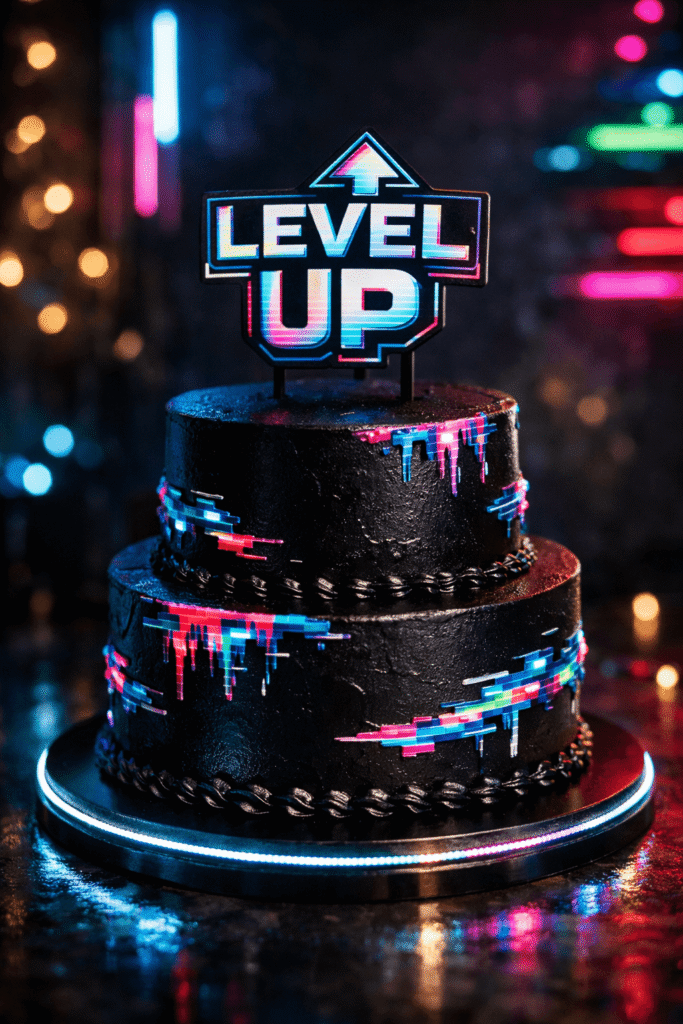 level up themed gamer birthday cake with neon accents