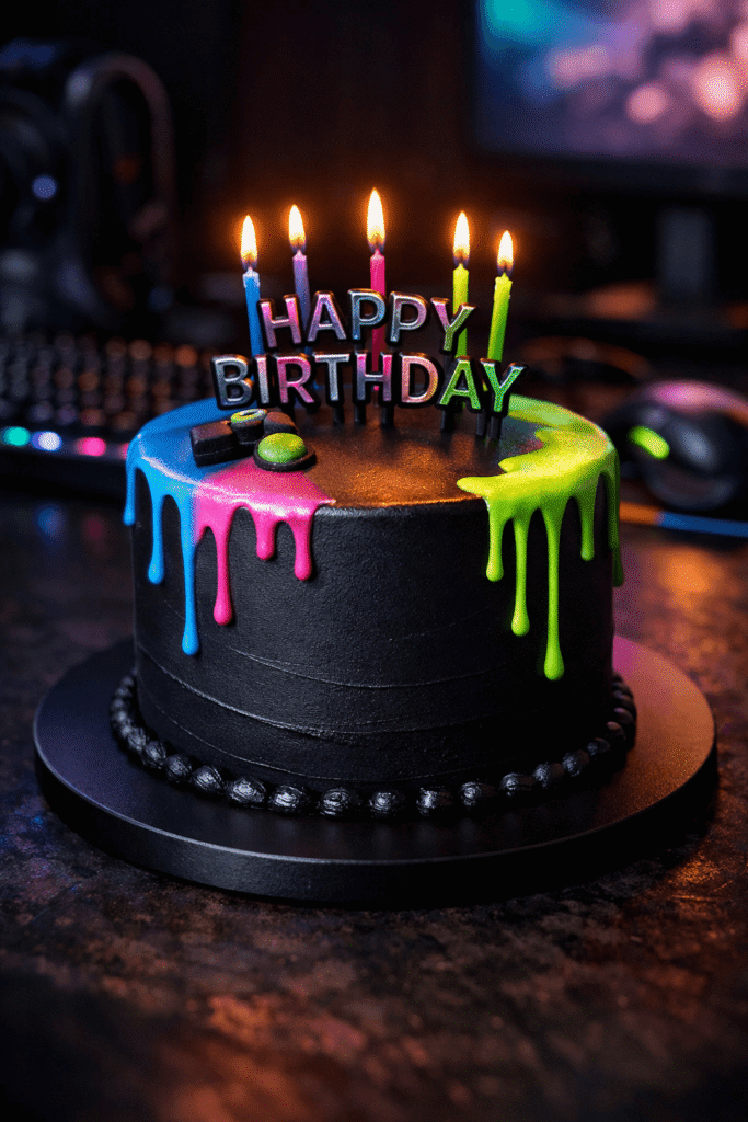gamer birthday cake with neon RGB drip design