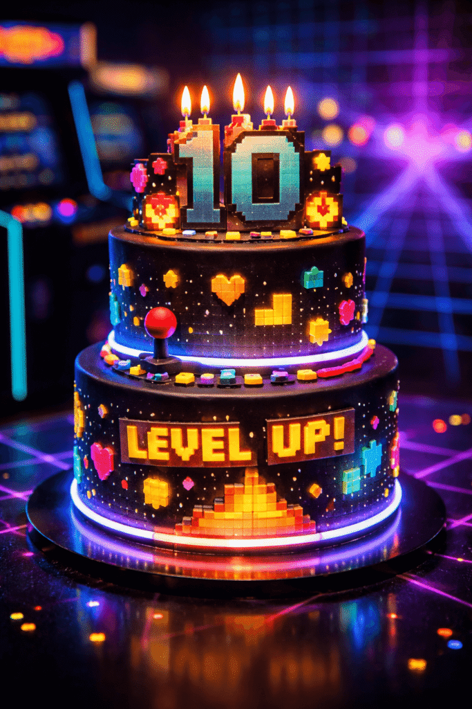 retro arcade themed gamer birthday cake