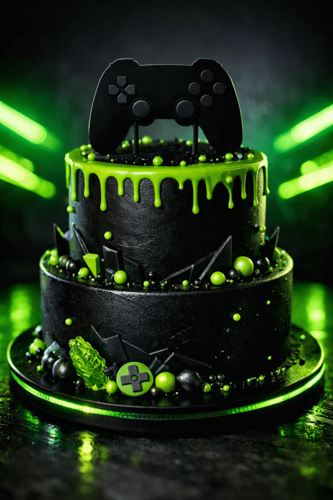 green neon gamer birthday cake with controller silhouette