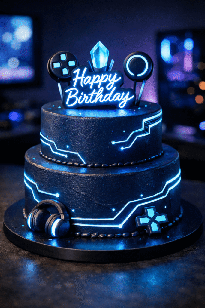 blue LED themed gamer birthday cake