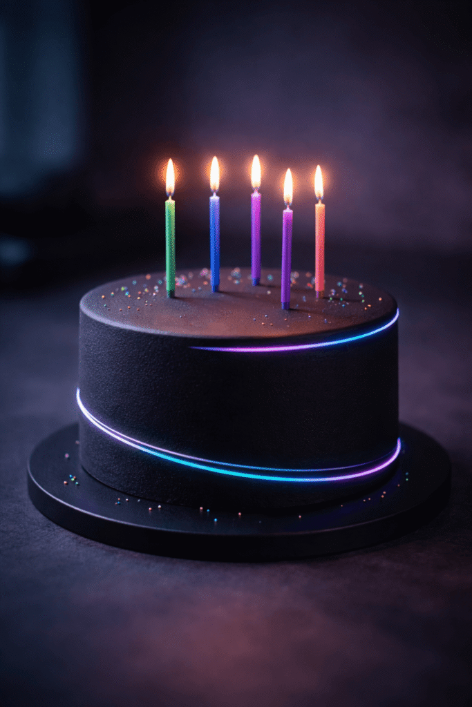 minimalist black gamer birthday cake with subtle neon detail