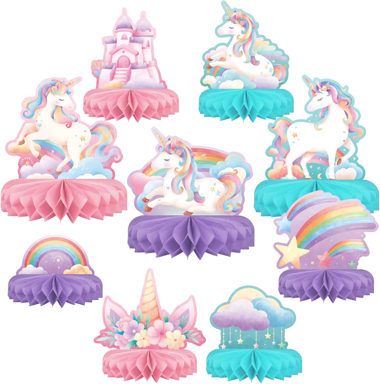 Rainbow Table Decorations with Honeycomb Centerpiece for Unicorn Party Decorations