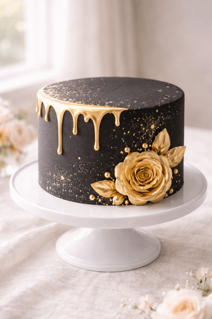 10 Amazing Golden Birthday Cake Ideas to Make Your Day Shine! 8 black birthday cake with gold accents and elegant design