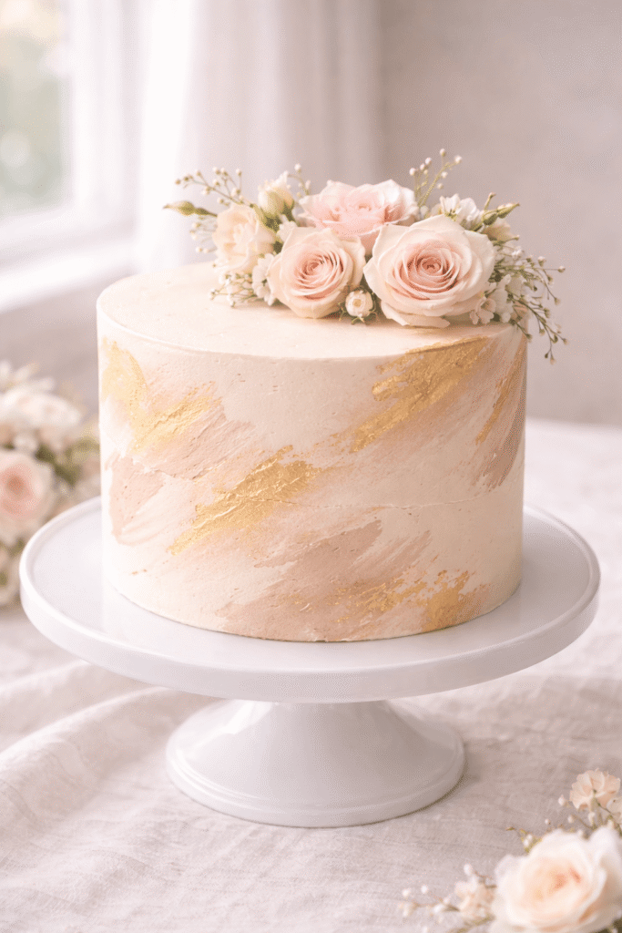 10 Amazing Golden Birthday Cake Ideas to Make Your Day Shine! 4 birthday cake with white buttercream gold leaf and fresh flowers