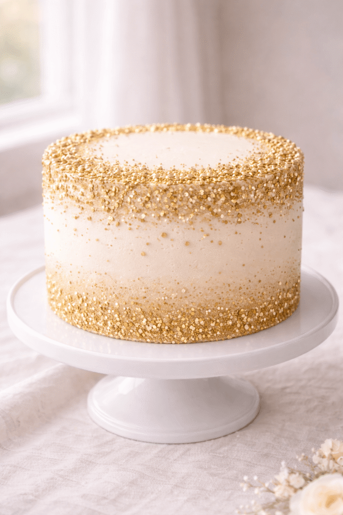 10 Amazing Golden Birthday Cake Ideas to Make Your Day Shine! 3 white birthday cake covered in gold sprinkles