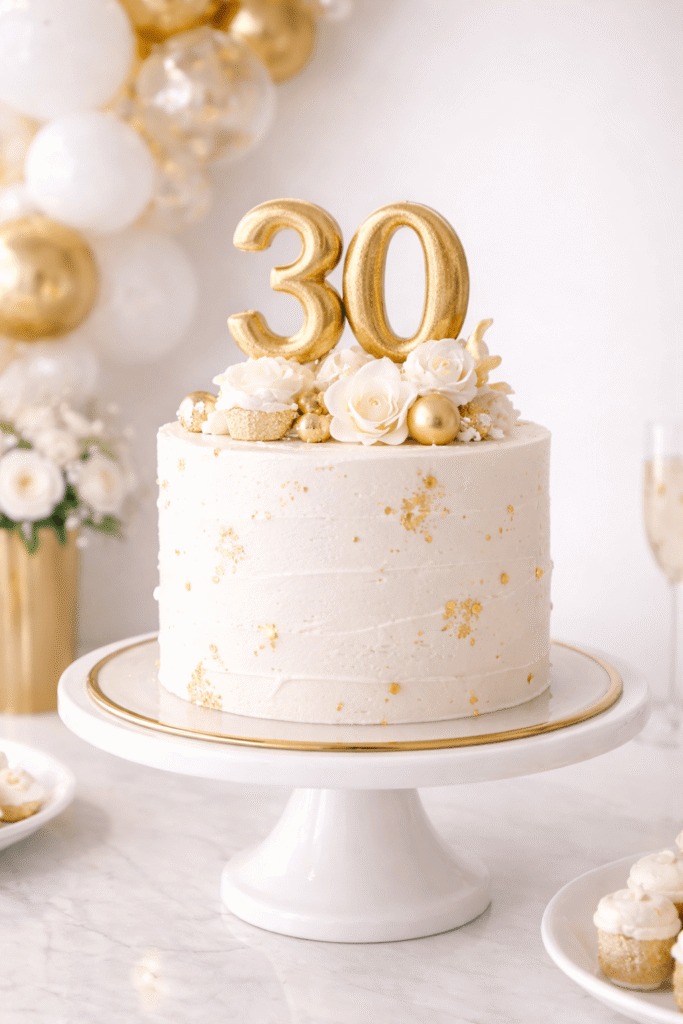 modern golden birthday cake with white buttercream, gold number topper, subtle gold accents