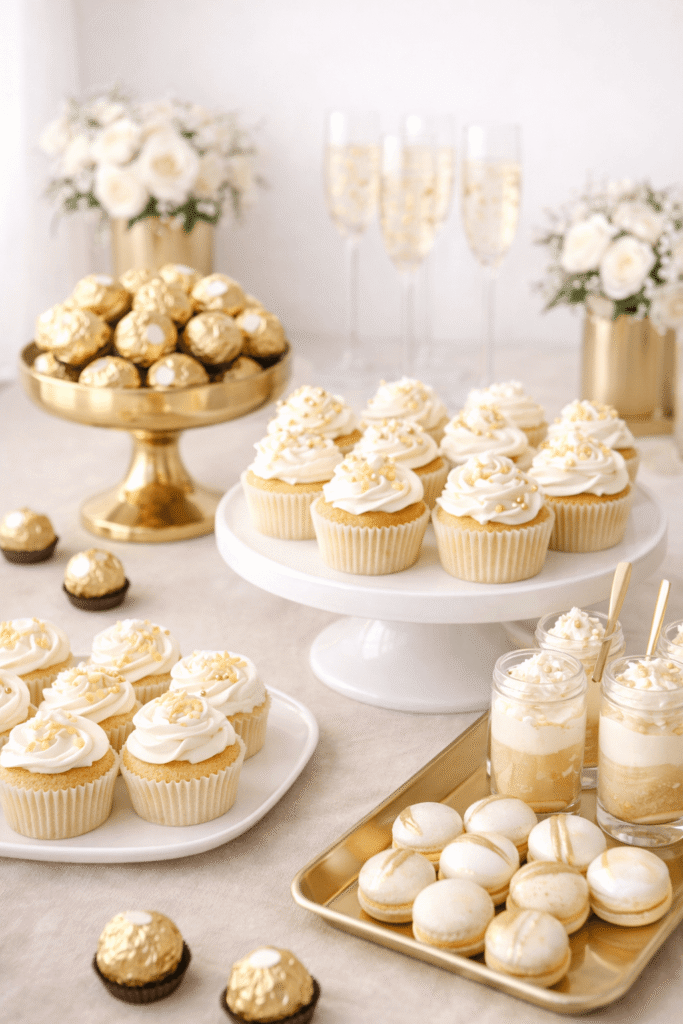 chic golden birthday dessert table