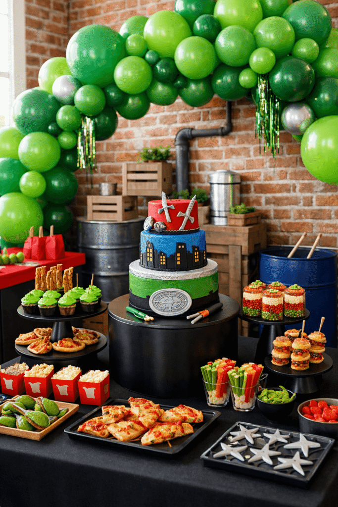 An action-packed ninja turtles inspired birthday party setup 