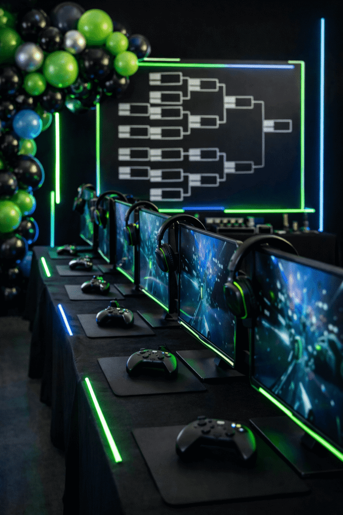 gamer birthday party tournament setup with multiple gaming stations