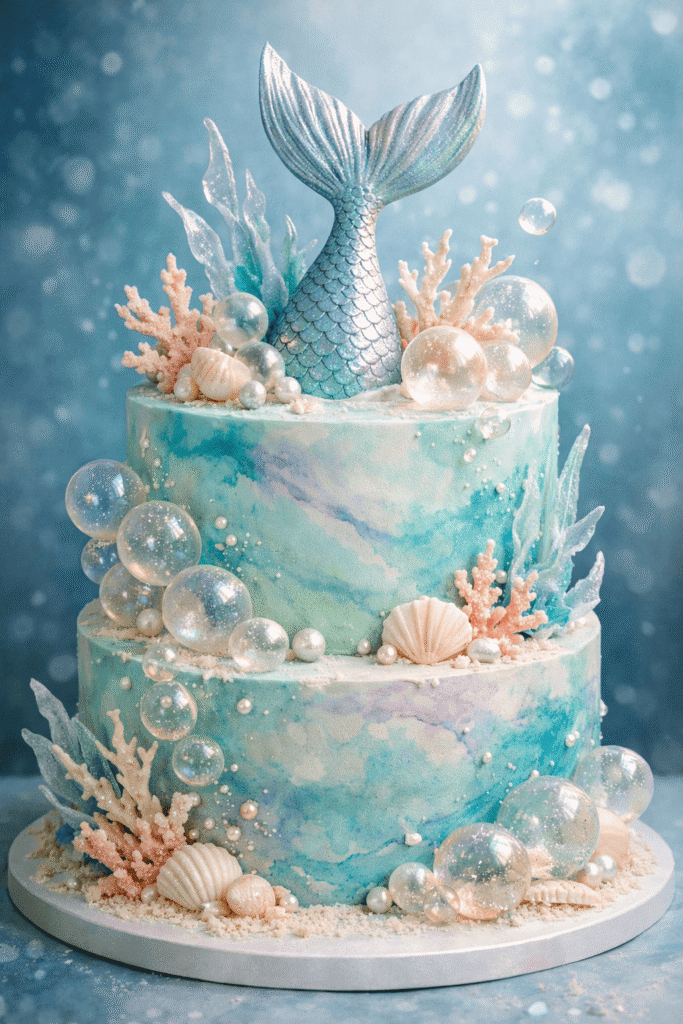 25 Best Mermaid Birthday Cake Ideas: Make a Splash at Your Next Party! 23 mermaid cake, with its ethereal watercolor washes and delicate coral accents