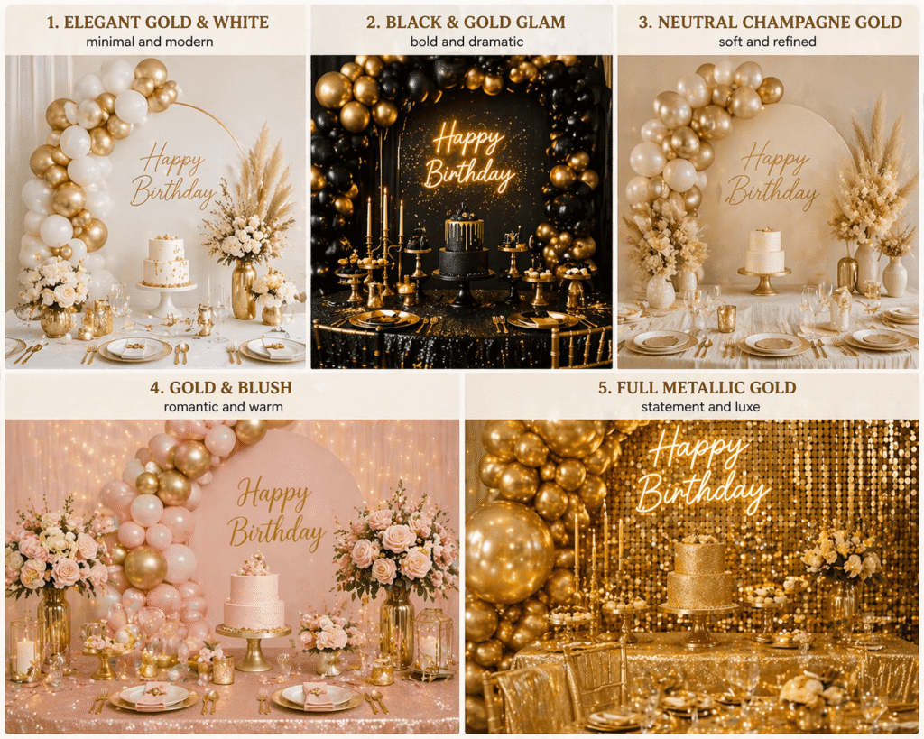 Golden Birthday Ideas That Feel Meaningful, Elegant & Worth the Hype 3 Various golden birthday styles